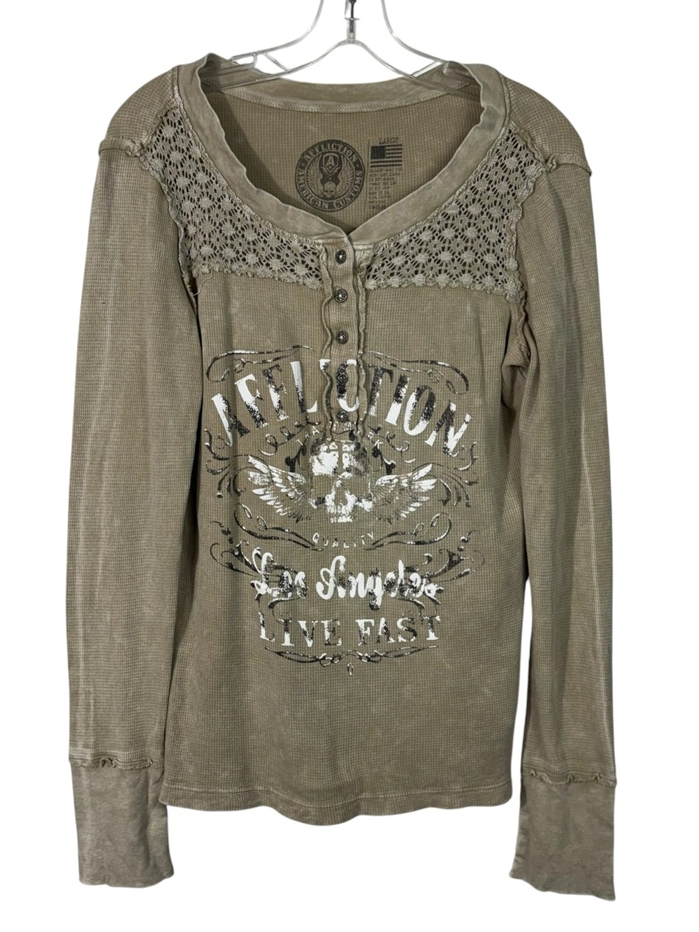 Affliction Los Angeles Khaki Tan Lace Cutout Long Sleeve Thermal Henley Top L
